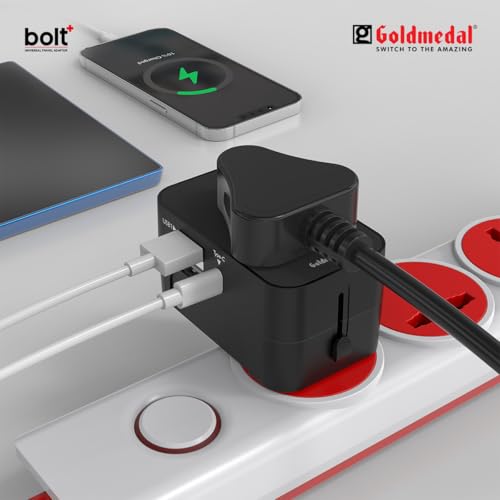 Image of Goldmedal Bolt + Universal Travel Adaptor | 2 Type A & 1 Type C USB Ports for Quick Charging | Supports Variety of Plug Types| Perfect for International Travel - Black | Supports Variety of Plug Types| Perfect for International Travel - Black