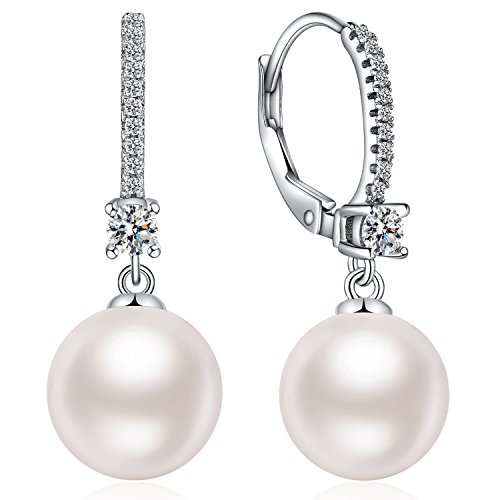 Pearl Dangle Earrings Pearl Earrings for Women Sterling Silver Pearl Earrings Dangle Pearl Leverback Earrings Silver Pearl Drop Earrings Cubic Zirconia Pearl CZ Earrings Dangling Pearl Earring 10MM