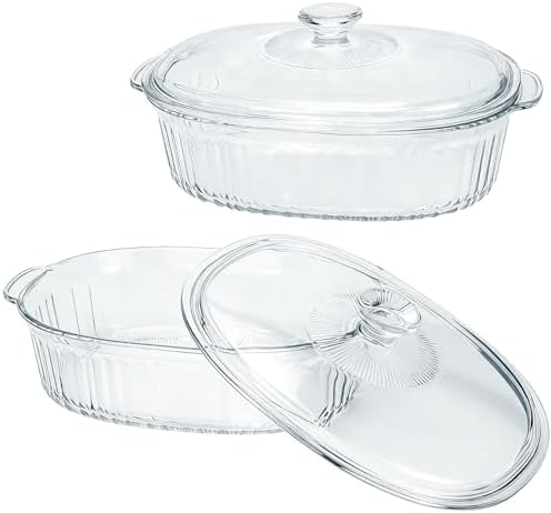 2 Pack Glass Casserole Baking Dishes with Lids for Oven,1.9 Qt and 3 Qt Ribbed Oval Glass Serving Dishes Bakeware Set for Lasagna,Casseroles,Leftovers,Cooking,Kitchen
