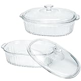 2 Pack Glass Casserole Baking Dishes with Lids for Oven,1.9 Qt and 3 Qt Ribbed Oval Glass Serving Dishes Bakeware Set for Lasagna,Casseroles,Leftovers,Cooking,Kitchen
