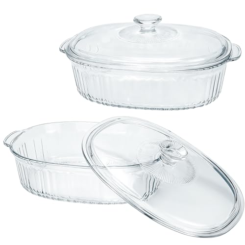 2 Pack Glass Casserole Baking Dishes with Lids for Oven,1.9 Qt and 3 Qt Ribbed Oval Glass Serving Dishes Bakeware Set for Lasagna,Casseroles,Leftovers,Cooking,Kitchen