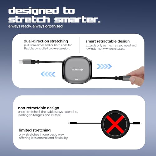 Image of Dubstep Blaze Fusion Rewind 100W Type-C to Type-C Retractable Cable 1M | PowerBlitz | 480 Mbps | Magnetic Connector Storage | 10K+ Cycles | Fast Charging (Grey)