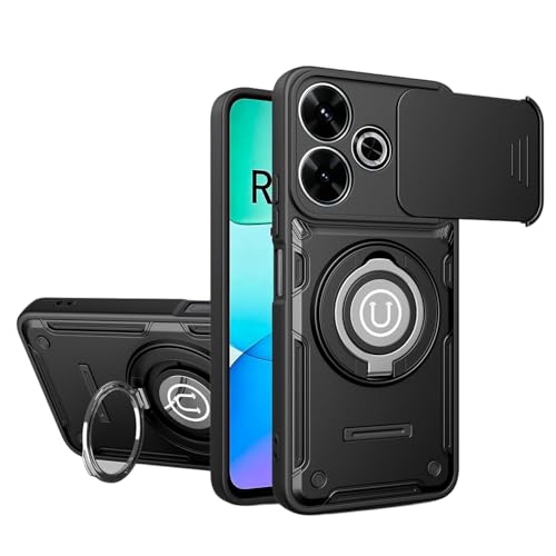 �X�}�z�P�[�X �Ή��@�� for Redmi 13 / Note 13R,�Ή��@�� for Xiaomi Poco M6 Plus�y�}�O�l�b�g���ԍڃ}�E���g �����h�~ 2-in-1 PC+TPU 2�E�F�C�u���P�b�g�X�^���h �J���������Y�ی�zBlack