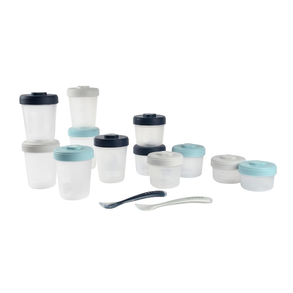 Beaba Expert Food Storage Set - Airtight Interlocking Containers for Baby & Toddler Meals with Graduation Scale, Microwave & Freezer Safe, Set of 14 (2 x 90ML, 4 x 150ML, 6 x 250ML & 2 Spoons), Storm