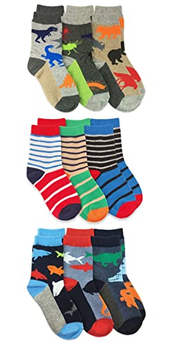 Image of Jefferies Socks Boys Fashion Novelty Dinosaur Stripes Pattern Variety Crew Socks 9 Pair Pack
