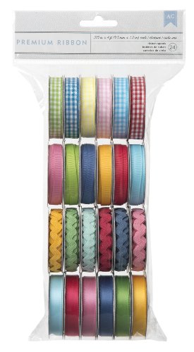 American Crafts Extreme Value Ribbon Variety Pack 24 Pack | Includes 6 Gingham Rolls, 6 Basic Grosgrain Rolls, 6 RIC rac Rolls, and 6 Solid Satin Rolls in Assorted Colors
