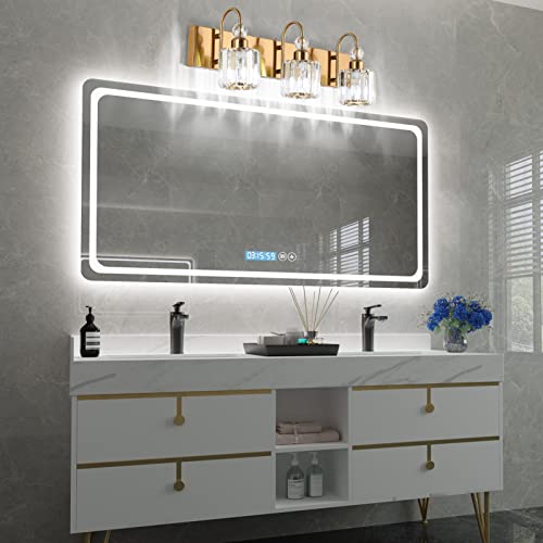 Image of Ralbay Brass Gold Bathroom Vanity Lights 3-Lights Brass Gold Crystal Vanity Lights Over Mirror Modern Crystal Brass Gold Bathroom Vanity Lighting Fixtures