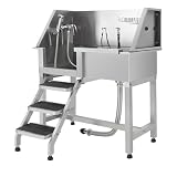 Garvee Bañera para Perros de Acero Inoxidable 86cm Estación de Lavado Profesional para Mascotas con Puerta Corredera Izquierda y Escaleras Antideslizantes Carga 80kg para Peluquería Canina Casa Plata