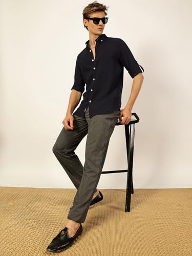 Image of Thomas Scott Men's | Solid | Textured Fabric | Full Sleeve | Slim Fit | Polyester-Blend | Spread Collar | Casual Shirt
