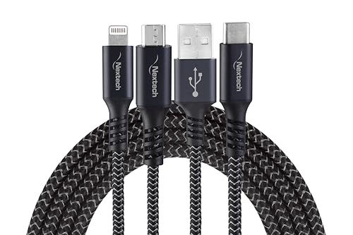 Image of Nextech 3 In 1 USB Fast Charging Cable | Type C, Lightning, Micro USB Connectors | Fast Charging & Data Sync | Compatible With iPhone, iPad, Android & Type-C Phones | Durable & Tangle-Free, 1M