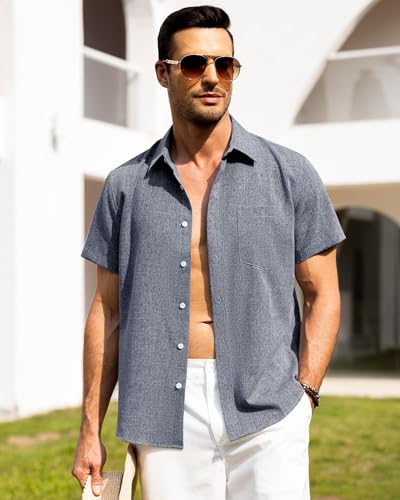 Image of Alimens & Gentle Mens Linen Shirts Short Sleeve Button Down Shirts Wrinkle Free Casual Vacation Beach Summer Tops