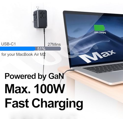 Image of JMFONE GaN 100W Universal Travel Adapter, 5 USB Ports & 2500W AC Socket, USB C Fast Charging Laptops /Tablets /Phones, International Power Adapter with EU UK US AUS Plugs for 200+ Countries