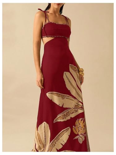 Image of SOLY HUX Women's Summer Maxi Dress Boho Print Tie Shoulder Spaghetti Strap Cut Out Tie Back Cami Dresses Sundress