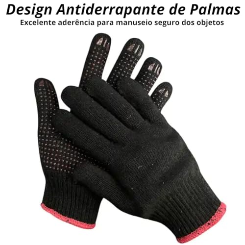 Luva Preta Pigmentada Tricotada Segurança EPI Canteiro Obra | Fertak | Kit 12 Pares