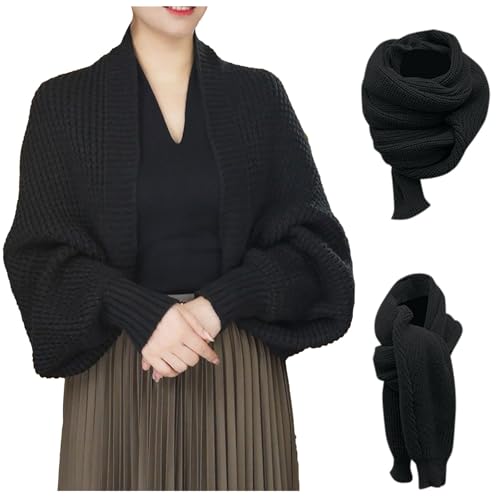 Sweater Scarf With Sleeves For Women Knitted Cable Wrap Sweater Knitted Double Sleeve Scarf Hollow Out Crochet Shrugs