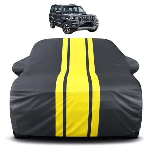 Image of Auto Hub Car Cover Compatible with Mahindra Scorpio Classic with Mirror Pocket, Soft Cotton Lining, Scorpio Classic Car Cover Waterproof - Yellow-Black