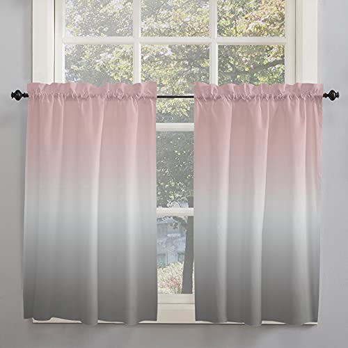 Edwiinsa Kitchen Curtain 2 Panels Tiers Curtains 45 Inch Length, Ombre, Curtains Rod Pocket Curtains Window Drapes Treatment Window Cafe Curtains Gradient Pink and Grey