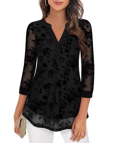 Timeson Women's 3/4 Sleeve Blouses Casual V Neck Dress Shirts Double Layers Mesh Tunics Tops2