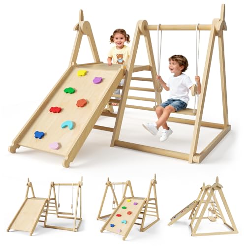 Estructura de escalada Montessori interior 5 en 1, gimnasio de escalada plegable de madera con columpio, tobogán, escalera de escalada, tablero de escalada y triángulo de escalada con viento para el