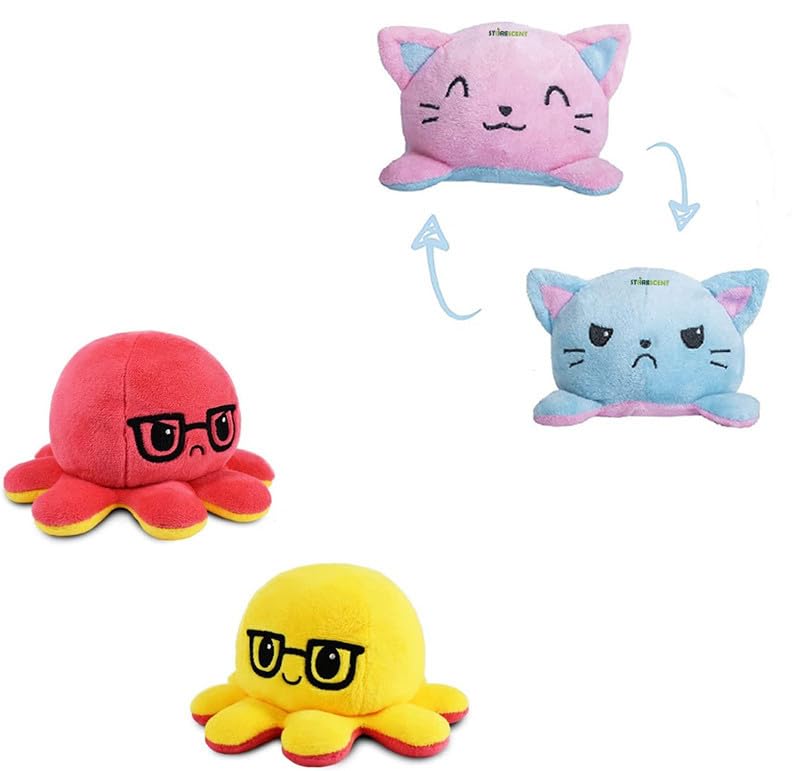 Storescent Combo of 2 Soft Toys for Kids, Stuffed Animal Plush Soft Toys for Boys and Girls | Plushie Toy -Red/Yellow with Glasses + Cat Pink Blue