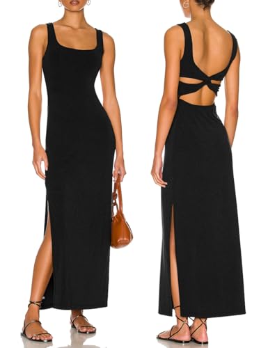 Image of ALENDA DANMOS Women Backless Maxi Dress High Sides Slit Bodycon Tank Dress Twist Low Back Casual Sundress 122