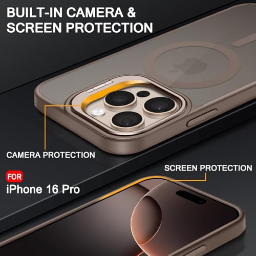Image of TheGiftKart Hybrid Matte Frosted Back Cover Case for iPhone 16 Pro Compatible with MagSafe | Built-in Stand | Shockproof Hard Back Cover Case for iPhone 16 Pro (PC & TPU, Desert Titanium)