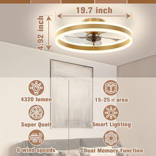 Image of VOLISUN Low Profile Ceiling Fans with Lights and Remote, 19.7in Flush Mount Ceiling Fans with Light, 3000K-6500K Dimmable Fandelier LED Fan Light, Gold Bladeless Ceiling Fans with Lights for Bedroom