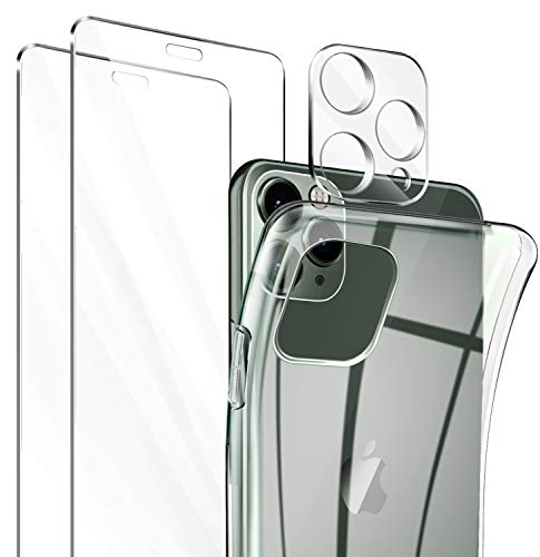 Leathlux Funda Compatible con iPhone 11 Pro y 2 Pack Cristal Templado Protector de Pantalla y Protector de Lente de Cámara, Silicona Transparente TPU Funda Compatible con iPhone 11 Pro