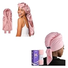 Umisleep 1Pack Extra Long Silk Bonnet + 1Pack Microfiber Hair Towel Wrap for Women, Pink
