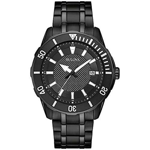 Men's Classic Sport Black Ion Plated Stainless Steel 3 Hand Date Calendar Quartz Watch Style - Bulova 98B361