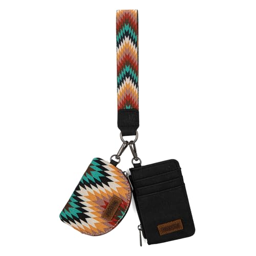 Image of Wrangler Aztec Keychain Wristlet Wallets for Women Western Dual Pouch Wristlet Credit Card Holder Wallet with Zipper Pocket WG2211-W0051BK