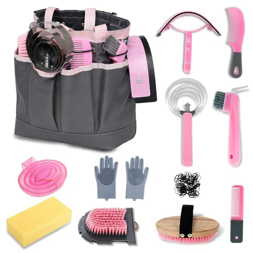Kit de Toilettage pour Chevaux 13 Pièces Set de Brosses pour l’Entretien et le Bain avec Peigne à Crinière et Queue, Brosse Curry, Grattoir à Sabot,...