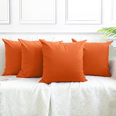 Thmyo Pack of 4 Cotton Pillow Covers,Decorative Solid Square Throw Pillow Case for Home Sofa Decorative (Cover Only,No Insert)(18x18 inch/ 45x45cm,Orange) Cover