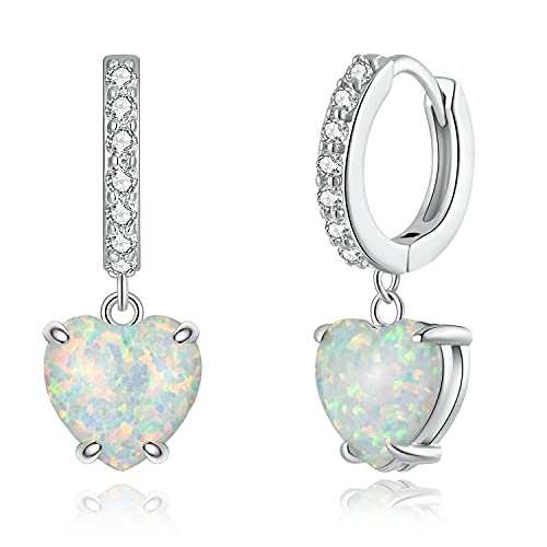 Cinily Heart Opal Dangle Hoop Earrings For Women Girls 14K White Gold Plated Dangle Hoop Earrings Dainty Heart Huggie Drop Earrings Jewelry Gifts #TOP12