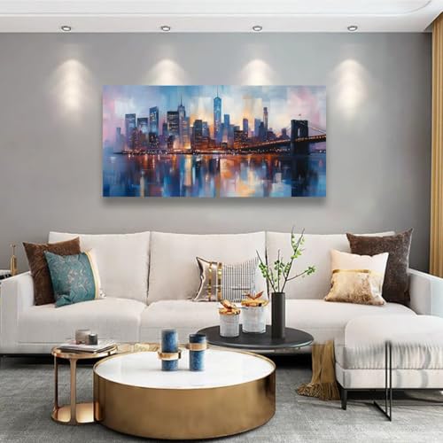 Image of Abstraction Pictures Canvas Wall Art for Living room Office Bedroom Wall Decor,City Wall Art Print Paintings Modern Blue Great bridge Artwork Waterproof Ready to Hang-20x40inch