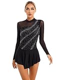 Nyeemya Vestido de Patinaje Artistico Leotardos Danza Maillot con Falda Ballet Mujer Vestido Gimnasia Ritmica de Manga Larga Maillot Competición Disfraz de Bailarina Negro A S