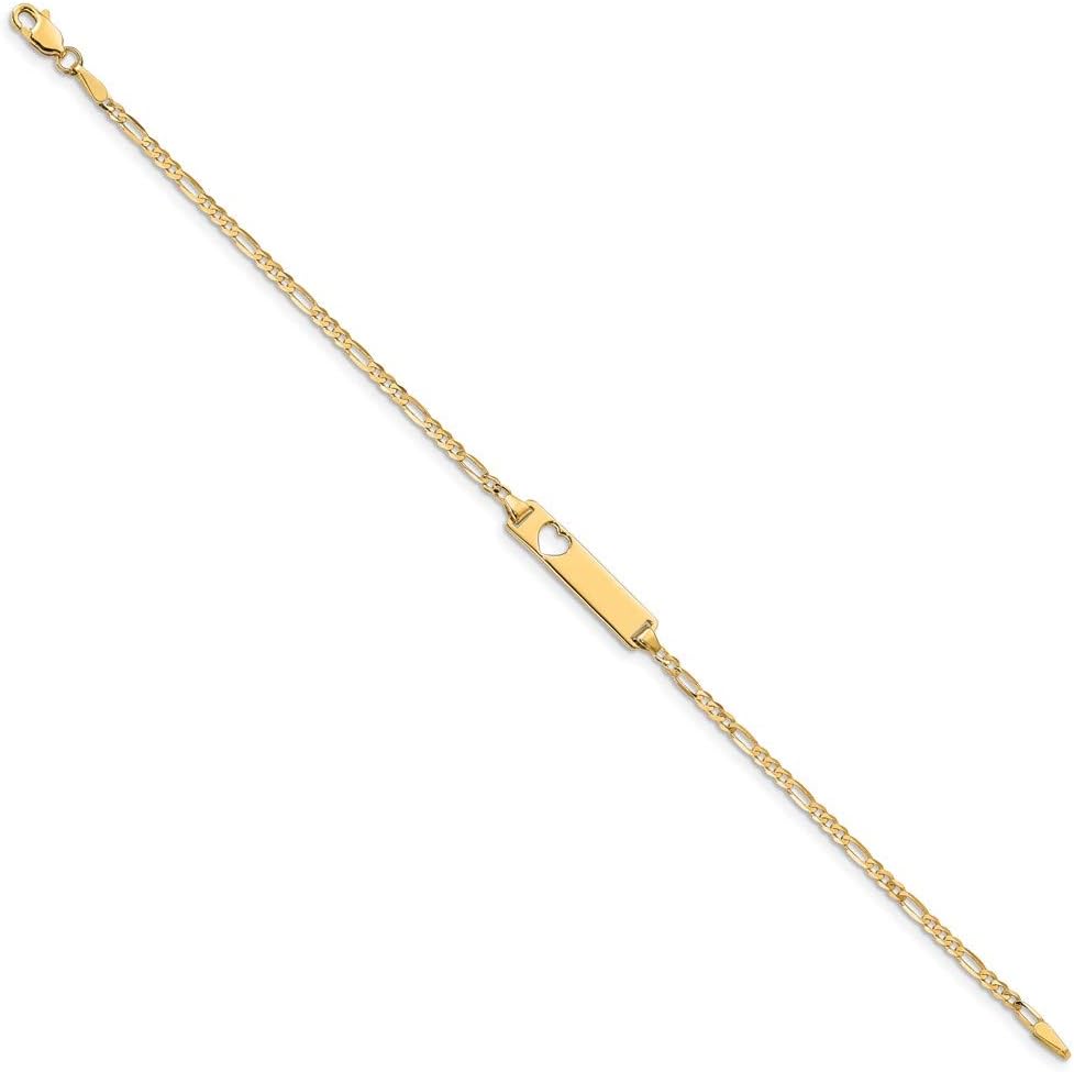 Solid Engravable Personalized Custom 14K Yellow Gold Cut-out Heart Figaro Link ID Bracelet For Men or Women Length 7 inches Width 5 mm