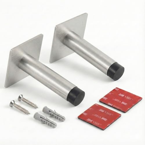 3M Self Adhesive Door Stop, 2-in-1 Installation with Tape or Screws, Floor and Wall Mounted Door Stopper with Noise Dampening Rubber, Door Stoppers (Silver, Pack of 2)