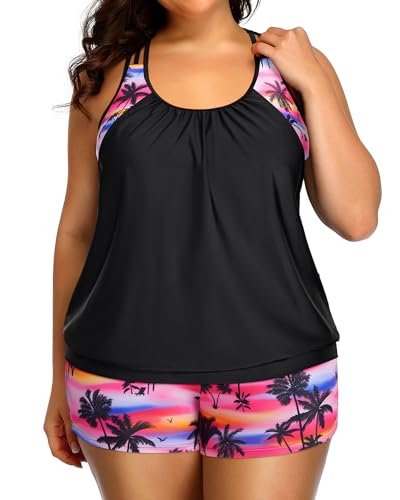 Image of Womens Plus Size Tankini Swimsuit Two Piece Tummy Control Bathing Suit | Blouson Racerback Tankini Top with Shorts, Double Up Design, Removable Pad