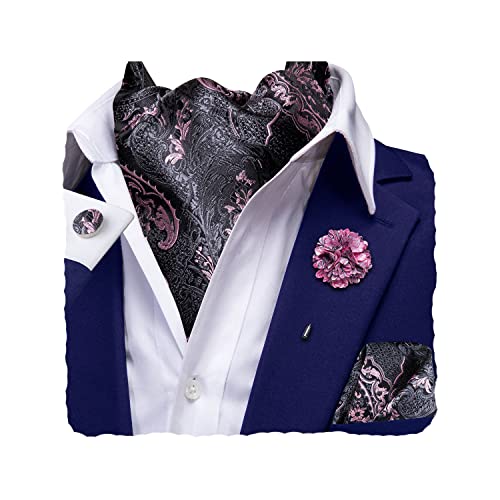 Image of Hi-Tie Silk Ascot for Men Self Tie Men's Cravat and Flower Lapel Pin Handkerchief Cufflinks Set for Wedding Party