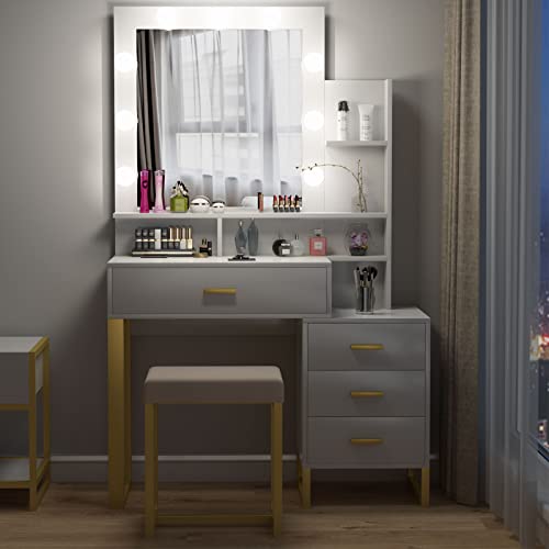 Pakasept Vanity Set With Lighted Mirror, Makeup Vanity Dressing Table With Led Light, Drawers, Storage Shelves And Cushioned Stool, Small Vanity Desk For Bedroomy,39.4"L X 15.7"W X 63"H #TOP1