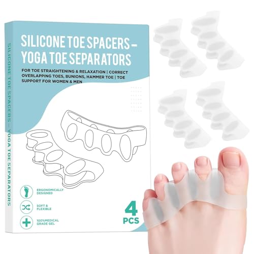 4 Pcs Silicone Toe Spacers – Yoga Toe Separators for Toe Straightening & Relaxation | Correct Overlapping Toes, Bunions, Hammer Toe | Toe Support toe separators for Women & Men (Clear, 3.98)