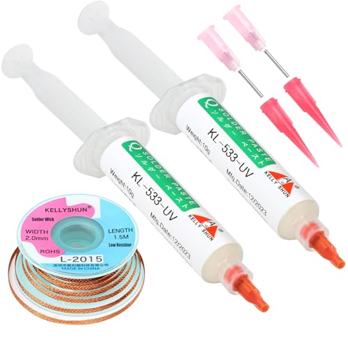 Image of KL-533 No Clean Soldering Flux & Solder Wick,Soldering Flux For Electronics Soldering 10ML /Bottle (2 PACK), 4.9Ft Desoldering Wick (1 PACK)