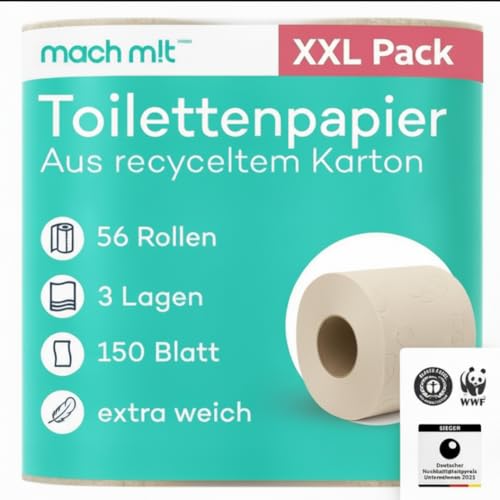 56 Rollen - Toilettenpapier 3-lagig mach m!t Aktionspaket Made in Germany - ohne Bleichmittel - extrem weich & umweltschonend aus recyceltem Karton - recycelbar - 150 Blatt je Klorolle