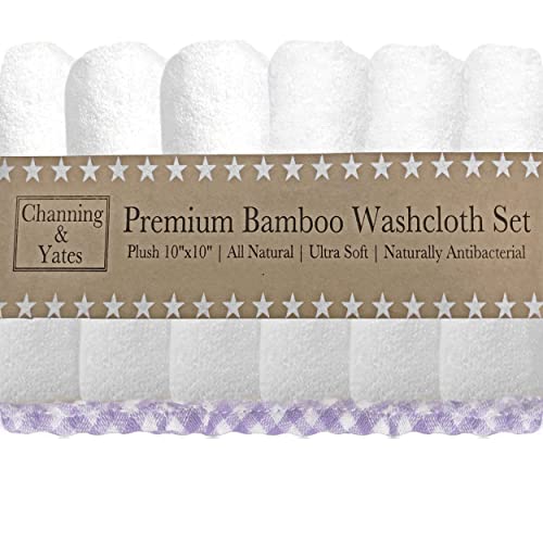 Image of Channing & Yates Premium Boutique Baby Washcloths - (6-Pack) Organic Viscose Made from Bamboo Wash Cloths 2X Thick & Soft - Helps Eczema - Adult Face Washcloths - (Purple on White)