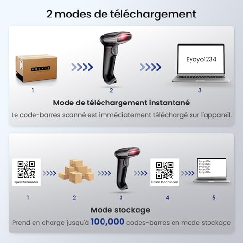 Lecteur de codes-barres sans fil Eyoyo 2.4G et USB pour PC