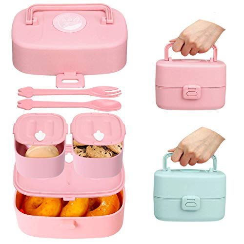 Godmorn Lunch Box, Fiambrera Compartimentos con asa, bento Box Infantil con 3 Compartimentos, Apto para lavavajillas, sin BPA, Paja ecológica, 860ml Caja de Bento (Rosa)