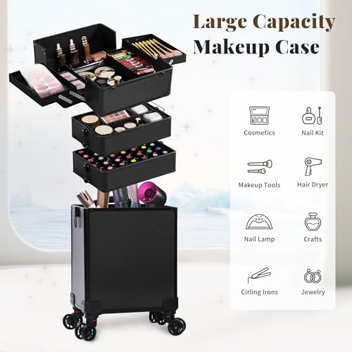 JINGUAN Profesional Rolling Makeup Train Case with Lid, 5 in 1 Cosmetology Case on Wheels, Large Cosmetic Trolley Organizer Travel for Hairstylist Artist Nail Beauty Salon Barber, Black by JINGUAN - Image 8