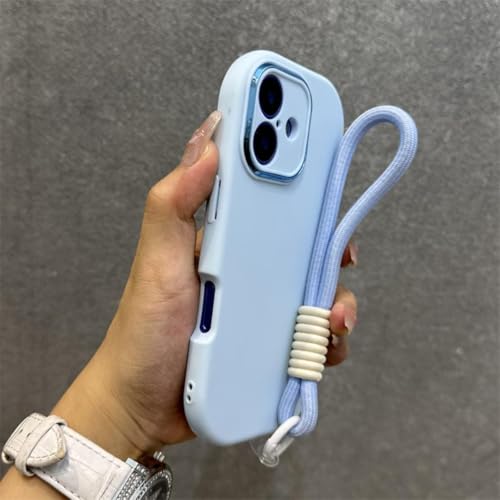 Coque silicone iPhone 16 bleue avec cordon pour garder les mains libres