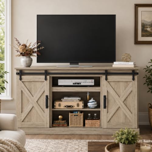 WLIVE Farmhouse TV Stand for 65 Inch TV, Sliding Barn Doors, Grey Oak